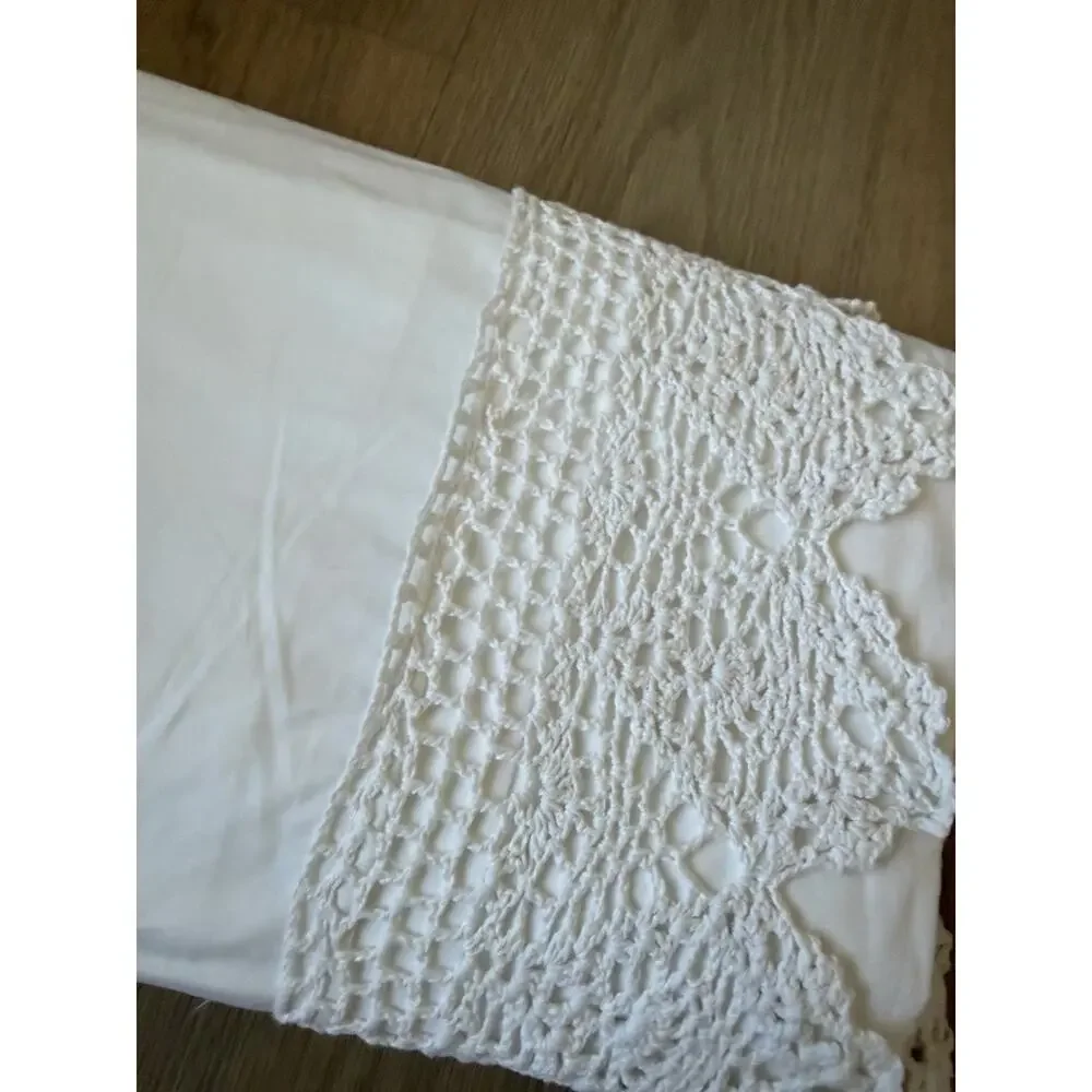 Vintage Hand Crochet Lace Flat Sheet King White Cotton